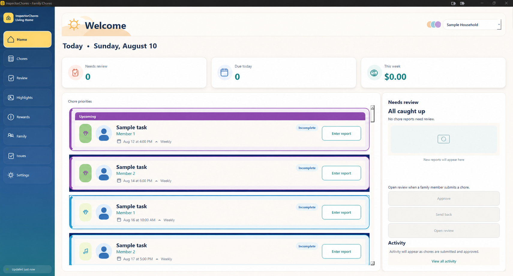 Sanitized InspectorChores family dashboard with sample household, sample members, and sample chores