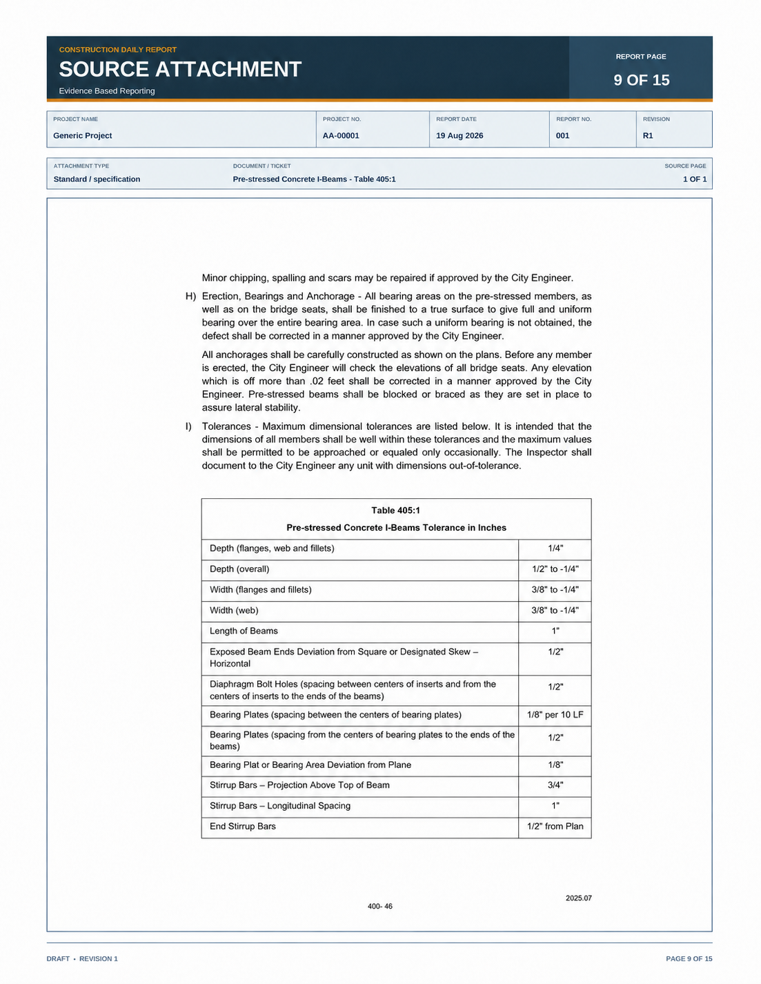 Specification attachment organized in an EBR Pro report